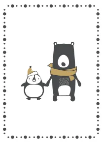 A bear and penguin holding hands, wearing winter hats and scarves, on a dotted border.