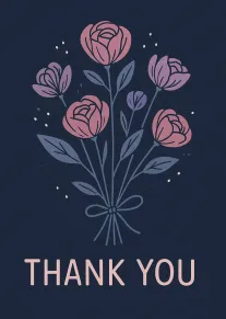 Pink and lavender flower bouquet with THANK YOU text on a dark navy background card.