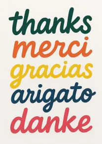 Colourful stacked thank you words in several languages on a clean white background card design.