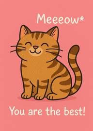 Cute smiling cat with meeeow text and best wishes