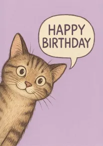 A cute tabby cat peeks beside a speech bubble saying Happy Birthday on purple background.