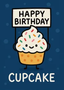 Smiling cupcake with sprinkles holds a Happy Birthday sign on a blue background for celebrations.