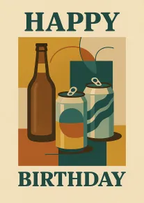 Birthday card with beer bottles and cans under bold Happy Birthday text in retro colors.