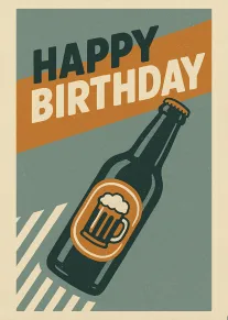 Retro birthday card featuring a beer bottle and bold Happy Birthday text on muted blue.