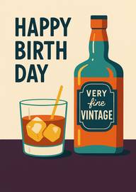 Vintage style birthday card with whiskey bottle and glass