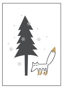 A minimalist Christmas tree with snowflakes and a sleeping fox on a white background card.
