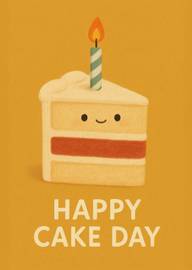 Cute smiling birthday cake slice with candle and happy cake day text