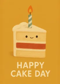 Cute smiling cake slice with candle and Happy Cake Day text on a golden background.