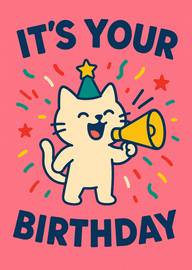 Cute cartoon cat with party hat and megaphone birthday card