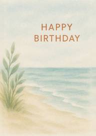 Serene Beach Scene with Happy Birthday Text in Watercolor