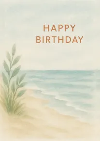 Watercolor beach scene with soft leaves and Happy Birthday text in warm orange lettering above.