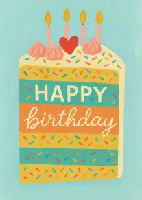 Pastel cake birthday card with candles, sprinkles, and Happy Birthday text in colorful stripes design.