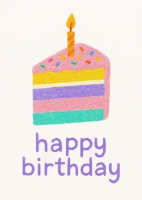 A hand-drawn rainbow cake with candle and happy birthday text on a white background card.
