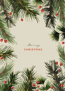 Watercolor pine branches and red berries frame Merry Christmas in the center on cream background.
