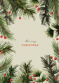 Watercolor pine branches and red berries frame Merry Christmas in the center on cream background.
