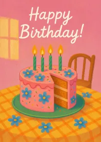 Pink birthday card with a sliced cake, lit candles and blue flowers on a table.