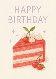 Watercolor Birthday Card with Cherry Cake and Happy Birthday Text