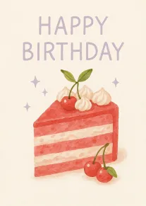 Watercolor slice of cherry cake with Happy Birthday text in soft pastel lilac letters above.