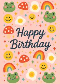 Colorful Happy Birthday Card with Frogs Rainbows and Smiley Faces
