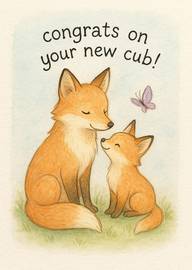 Watercolor fox parent and cub with butterfly new baby card