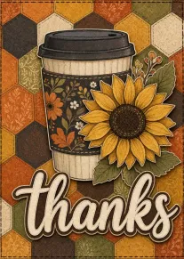 Coffee cup with sunflower and autumn patchwork background featuring the word thanks in handmade style.