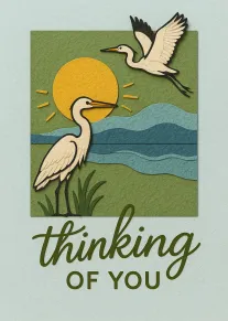 Layered paper herons and sunset scene with thinking of you text in olive green.