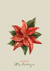 Watercolor red poinsettia with green leaves and Happy Holidays text on a soft cream background.
