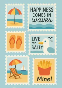 Stamp-style beach card with umbrella, seagull, fries, and sayings happiness comes in waves and mine.