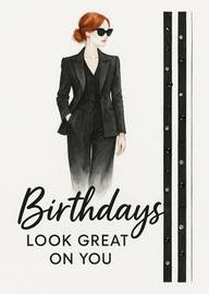 Stylish woman in black suit with birthday greeting text