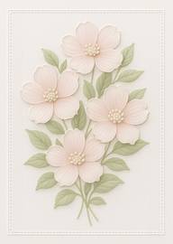 Elegant embossed pastel pink flowers with green leaves on cream background