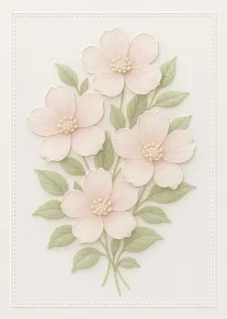 A soft blush floral bouquet with green leaves on a cream embossed card background surface.