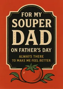Vintage red card with tomato art and text for my souper dad on Father's Day.