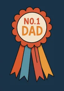 Retro rosette card with No.1 Dad wording on a dark blue background with colorful ribbons.