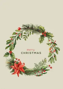Watercolor wreath of holly, pine, berries and poinsettia with Merry Christmas text on cream background.