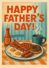 Bold Happy Father's Day card with breakfast plate, bacon, eggs, coffee, and ketchup bottle illustration.