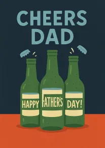 Beer bottles with Cheers Dad and Happy Father's Day text on a dark retro card.