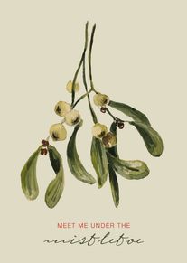 Watercolor mistletoe card reading Meet Me Under the Mistletoe design