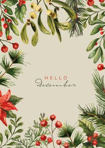 Watercolor winter foliage and red berries frame Hello December on a cream background for greetings.