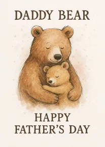 Watercolor bear hugging cub with Daddy Bear and Happy Father's Day text on cream background.