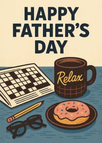 Father's Day card with crossword, relax mug, pencil, glasses and donut on blue tabletop.