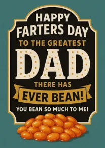 Retro Father's Day card with bean pun, bold typography, and a pile of orange beans.