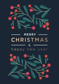 Festive berry branches frame Merry Christmas and happy new year on a dark navy background.