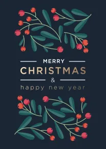 Festive berry branches frame Merry Christmas and happy new year on a dark navy background.