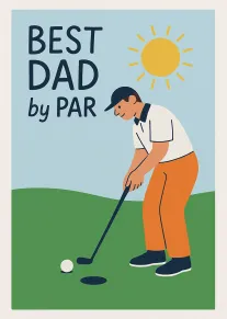Illustrated golfer with BEST DAD by PAR text on a sunny green golf course background.