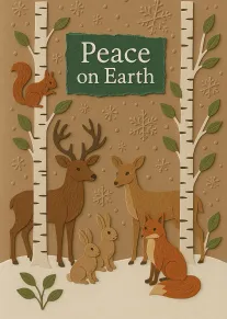 Paper-cut woodland animals and birch trees surround a Peace on Earth message in winter.