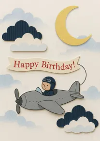 Layered paper airplane flies beneath clouds and moon above a Happy Birthday banner card.