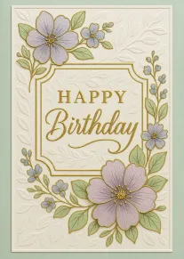 Embossed floral birthday card with gold lettering, lavender blossoms, delicate green leaves, and cream texture.