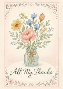 Watercolor bouquet in a glass jar with ribbon and All My Thanks text.