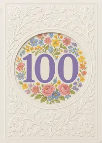 Cream floral embossed card with purple 100 surrounded by pastel blossoms and roses on ivory.