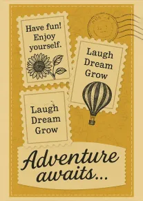 Yellow card with sunflowers, hot air balloon, and messages to laugh, dream, grow, and enjoy.
